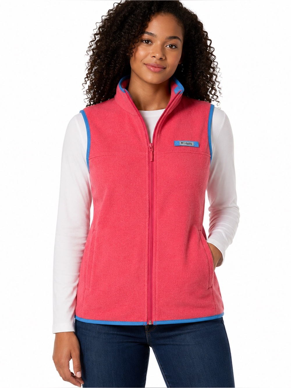 Columbia PFG Pink Fleece Full Zip Vest Blue Trim Women’s Small